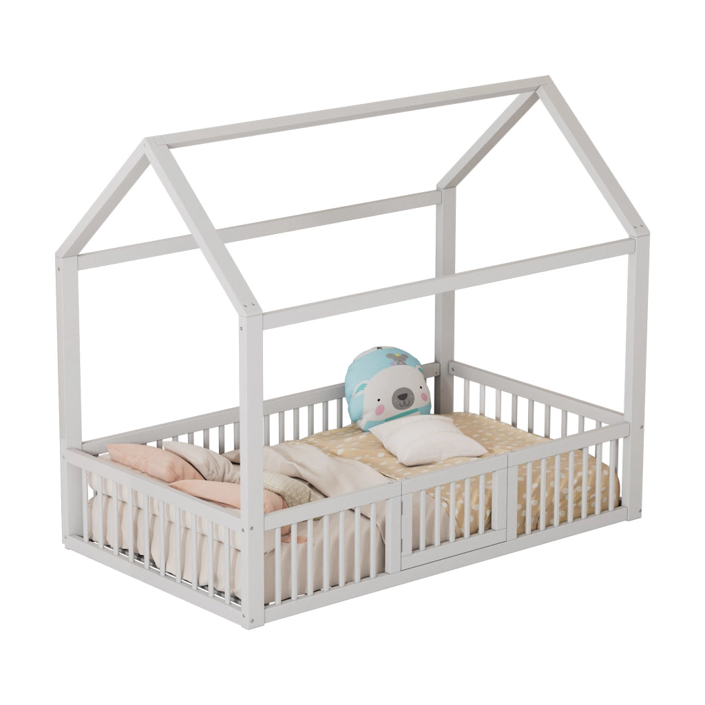 OKWISH Letto a casetta 90×200 cm, Letto Singolo con Spondine di Sicurezza, Porticina e Doghe, senza Materasso, in Pino e MDF, Bianco