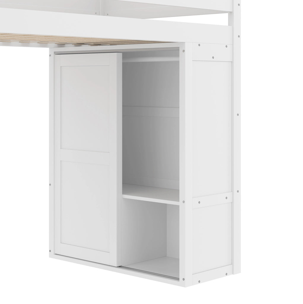 Letto a soppalco 90x200 cm con armadio e vano contenitore in legno e MDF bianco