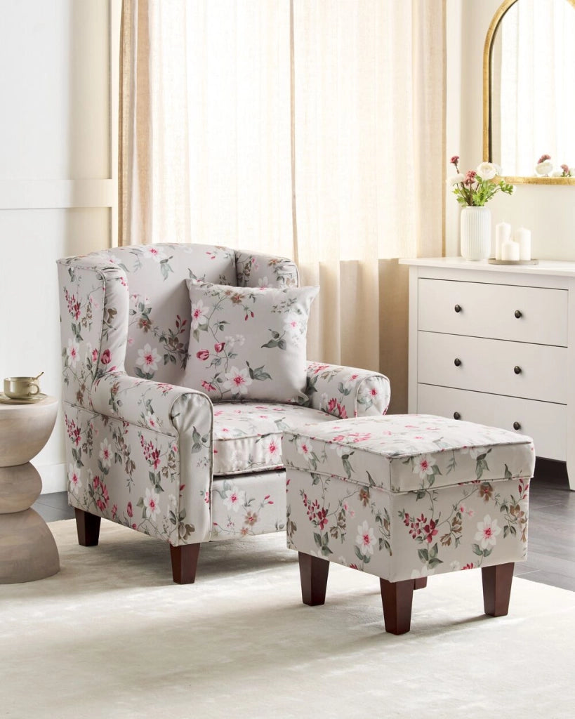 Poltrona con poggiapiedi Tessuto a motivi floreali grigio chiaro Gambe in legno Stile Wingback