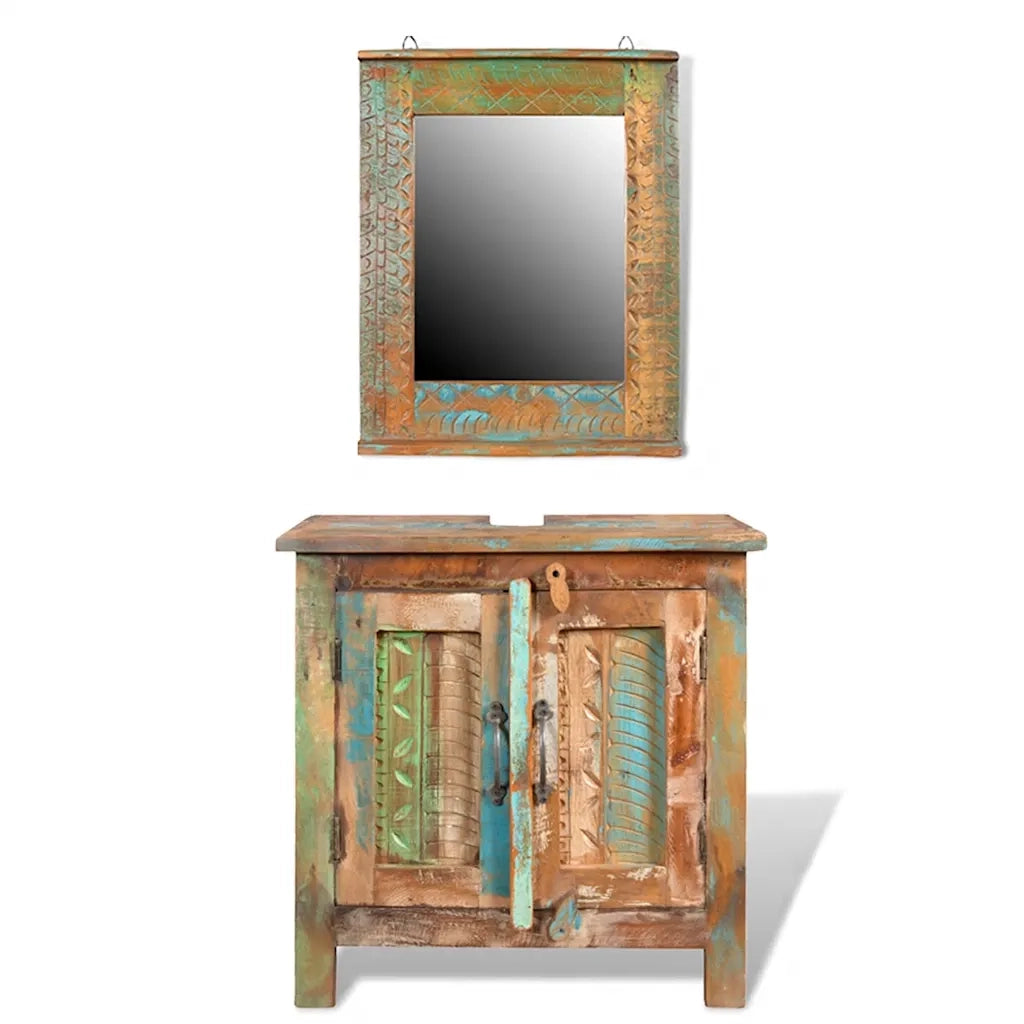 Armadietto in Legno di recupero solido per Bagno-Mobile bagno con specchio con Specchio