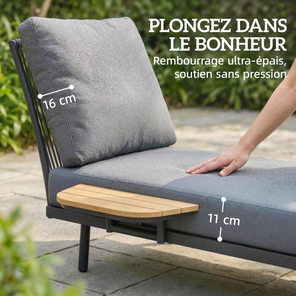 Lettino Prendisole da Giardino ¨C Xylo ¨C con Cuscini e Ripiano Laterale Metallo Grigio 58x137x75cm