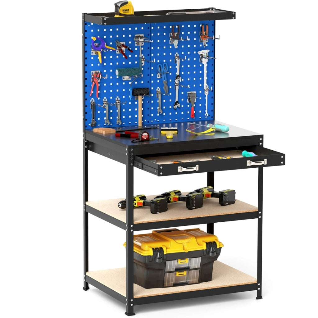Banco da lavoro con 2 pegboard e cassetto e mensole, Stazione di lavoro in metallo per casa e garage e officina Blu Navy