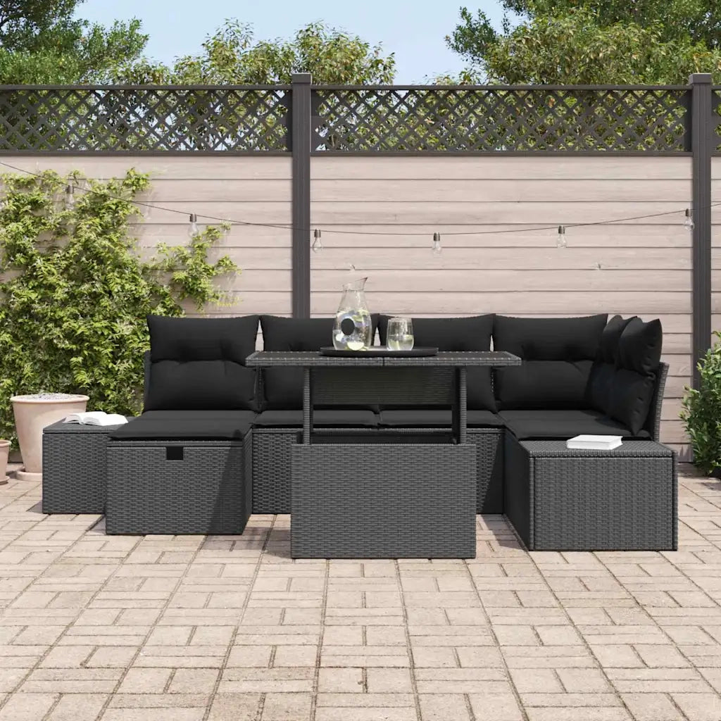 Set Divano da Giardino con cuscino 7 pcs Nero Poly Rattan