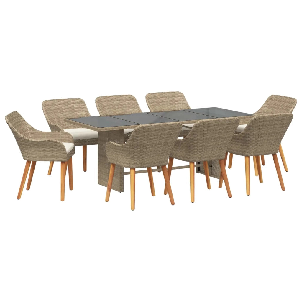 Set da Pranzo per Giardino con cuscino 9 pcs Beige polyrattan