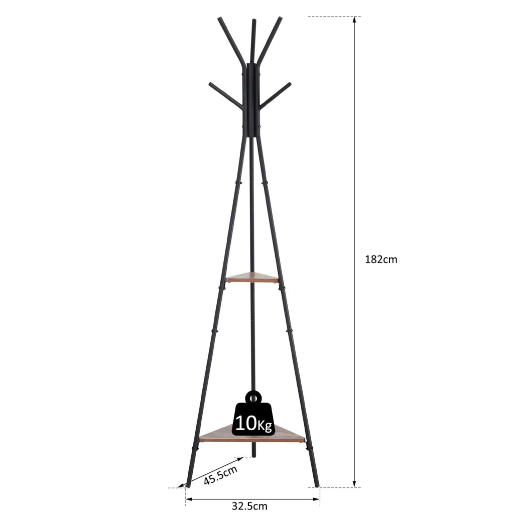 EasyComfort Appendiabiti da Terra con 2 Ripiani e 6 Ganci, Attaccapanni ad Albero in Stile Industriale, 46x52x182 cm, Nero e Marrone