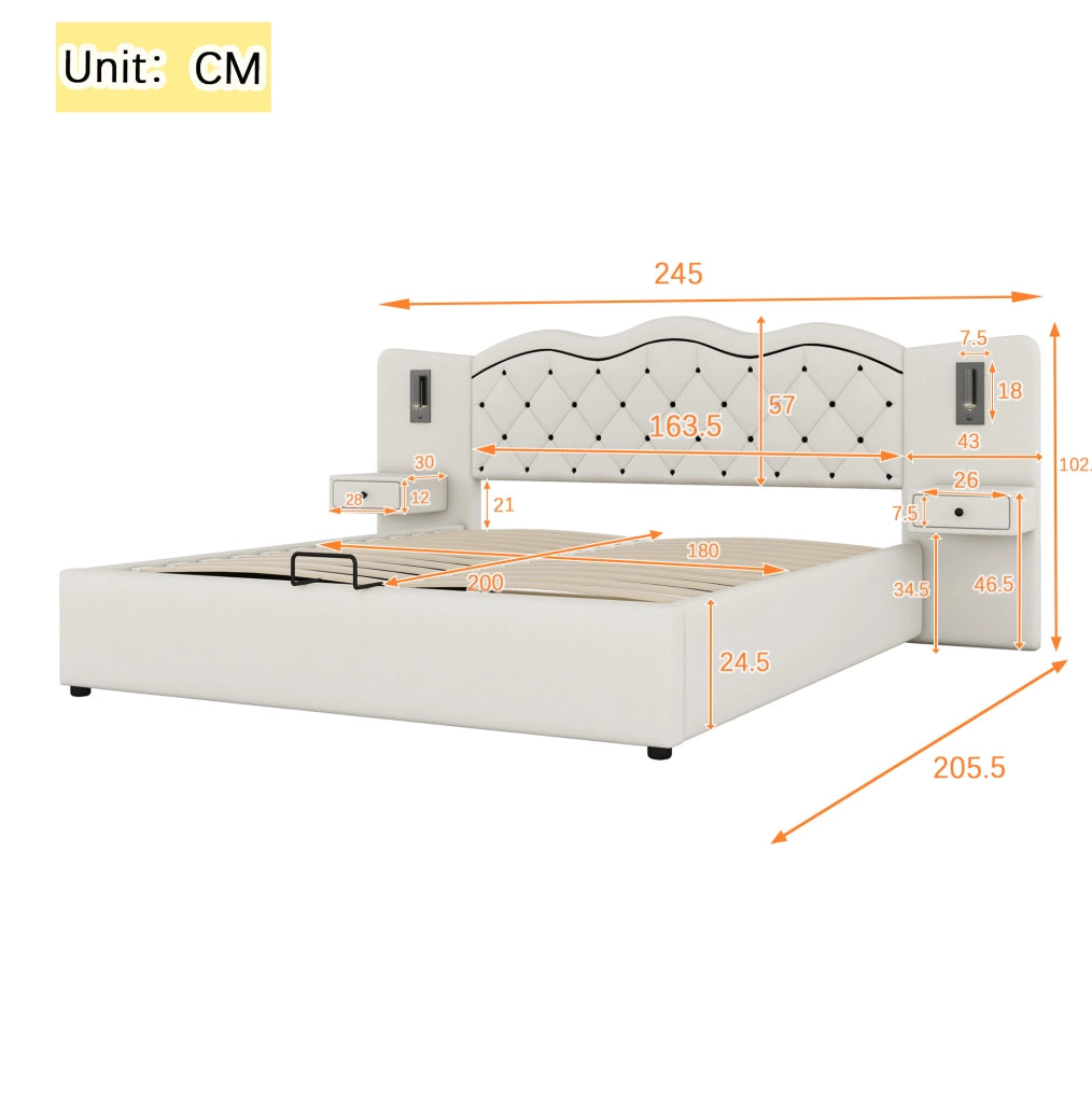 Letto imbottito 180x200 cm con contenitore, USB e luci integrate