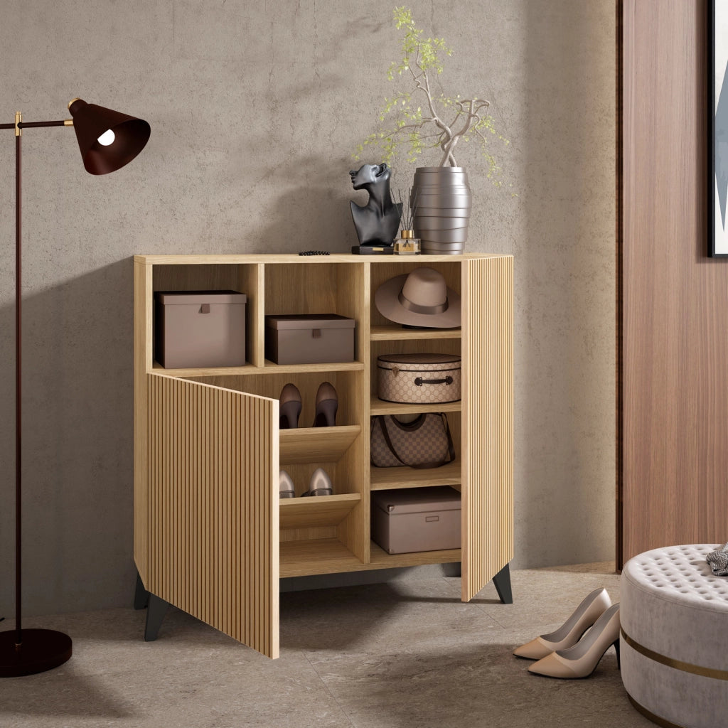 Scarpiera Herdasa effetto rovere dorato,stampa doghe gambe grafite 87x90x27