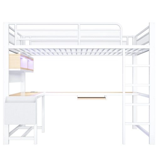 Letto a soppalco con scrivania 140x200 cm LEMONMAX, LED 7 colori, 2 prese e 2 USB, mensole, struttura in metallo, bianco