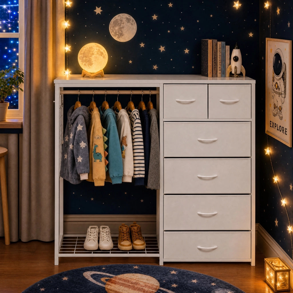 Armadio per bambini, con 6 cassetti, asta appendiabiti e presa di corrente, appendiabiti multifunzionale, bianco
