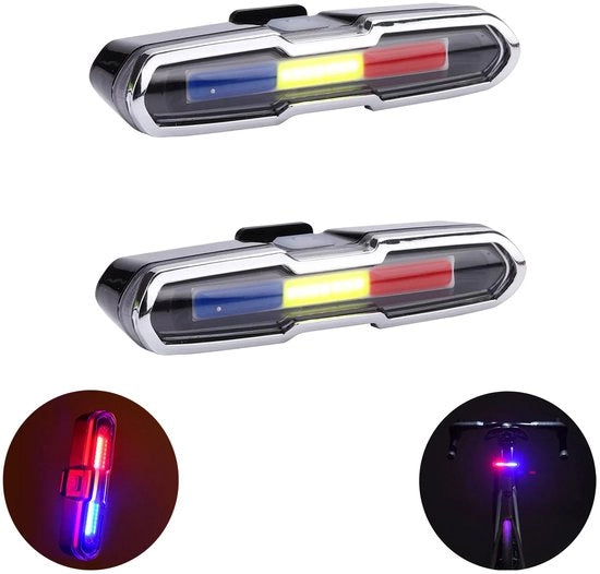 2 pezzi - Luci posteriori per bicicletta - Ultra luminoso LED posteriori caricabile via USB - Accessori per biciclette e mountain bike - Rosso + Blu + Bianco - Idoneo all'uso all'aperto - Facile da montare - Sicurezza per la bicicletta notturna