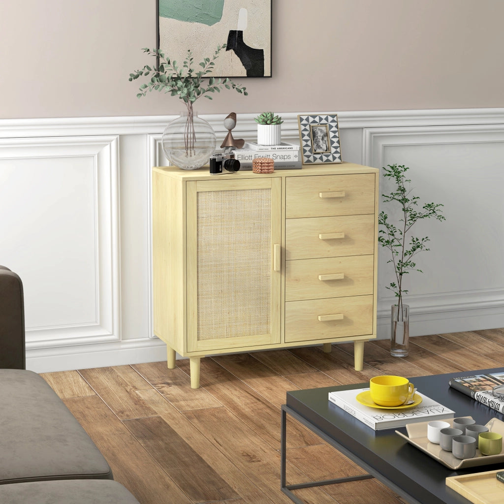 Buffet in rattan con ante e 4 cassetti ¨C Zephmum ¨C Effetto legno naturale 80x38x80.5 cm