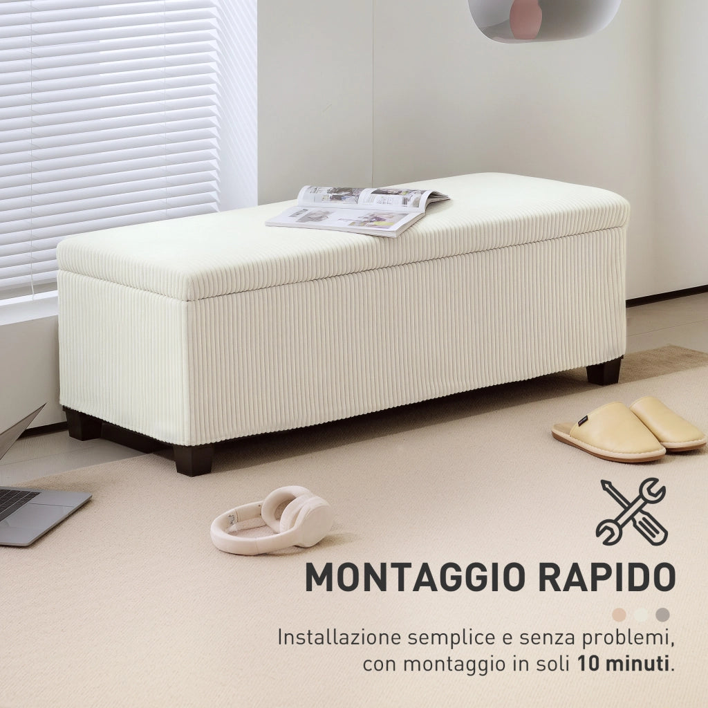 Panca Fondo Letto 112x42x40 cm con Spazio Contenitore da 84L in Tessuto Effetto Velluto a Coste e Acciaio Beige