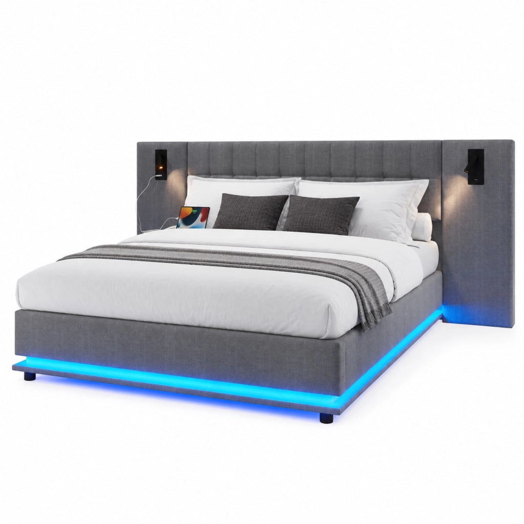 Letto imbottito 180x200 cm in lino grigio con LED, USB e luce spot, senza materasso