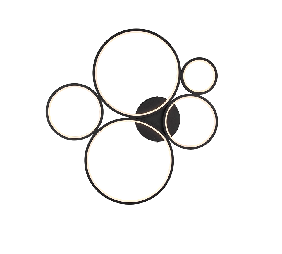 Plafoniera LED 5 cerchi, metallo, nero opaco, L 59 cm, Rondo