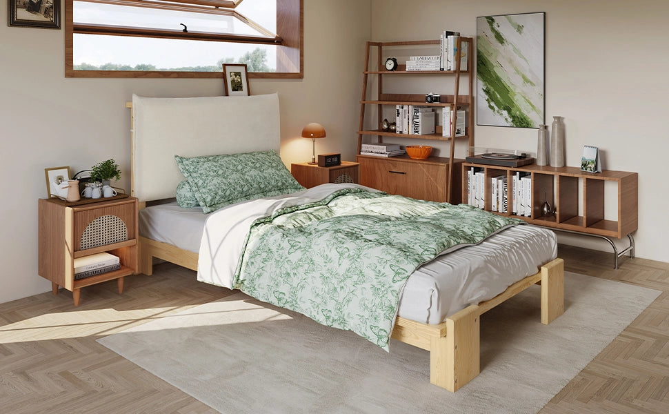 letto imbottito legno e tessuto naturale 90x200 cm