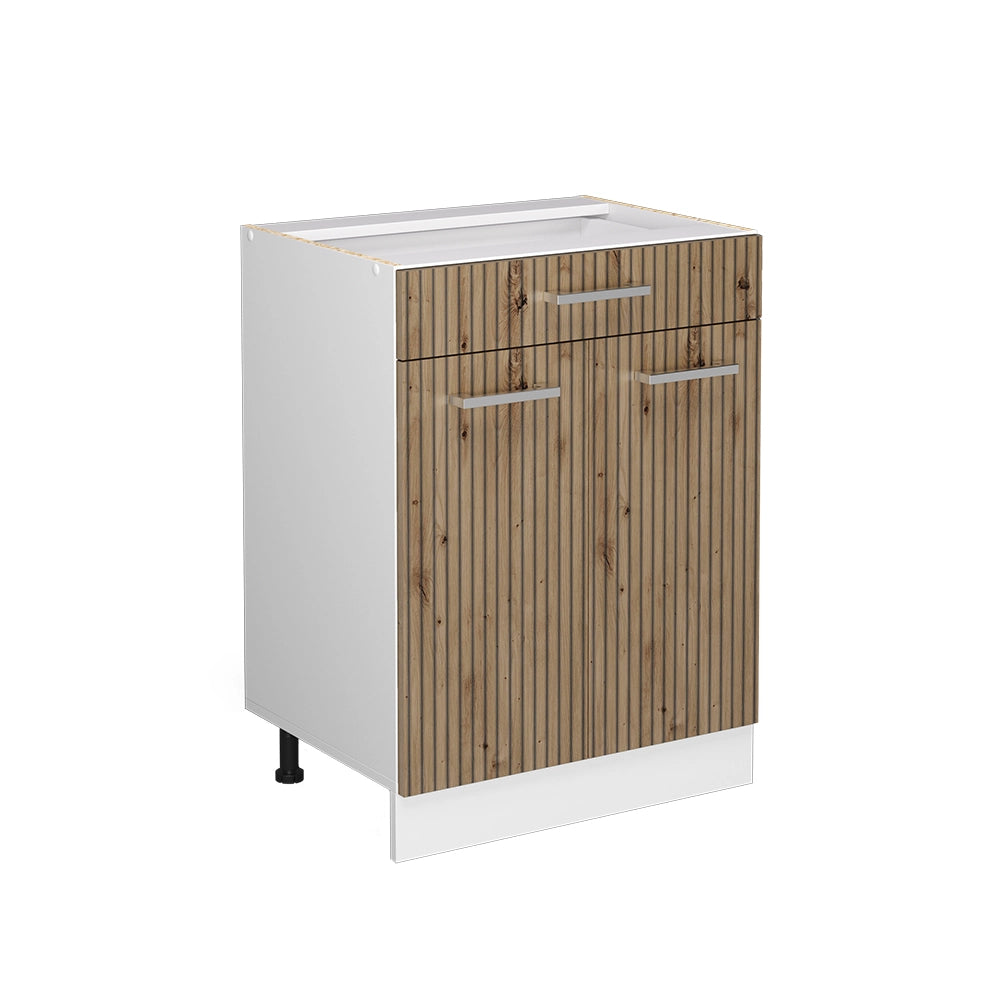 Mobiletto base per cucina R-Line Rovere artigianale/Bianco 60 cm con cassetto, senza piano di lavoro Vicco