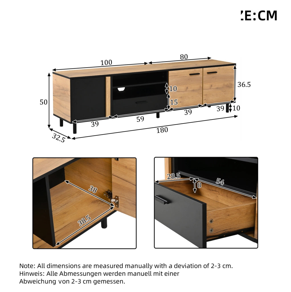 Mobile TV 180x32.5x50 cm con 3 ante; 1 cassetto e ripiano semichiuso in truciolare nero e naturale