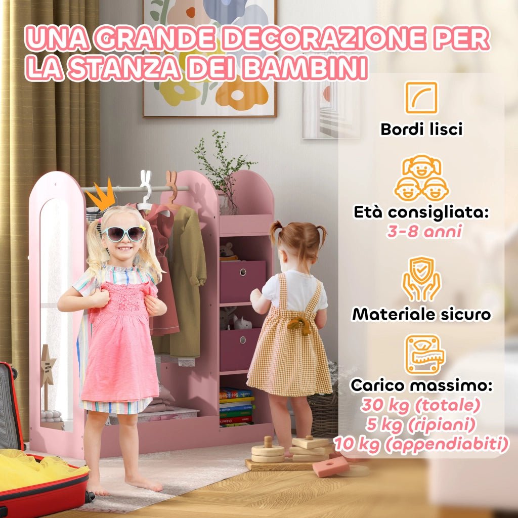 Armadio Bambini con Appendiabiti, Ripiani e Specchio ¨C Minimal ¨C Legno, Rosa