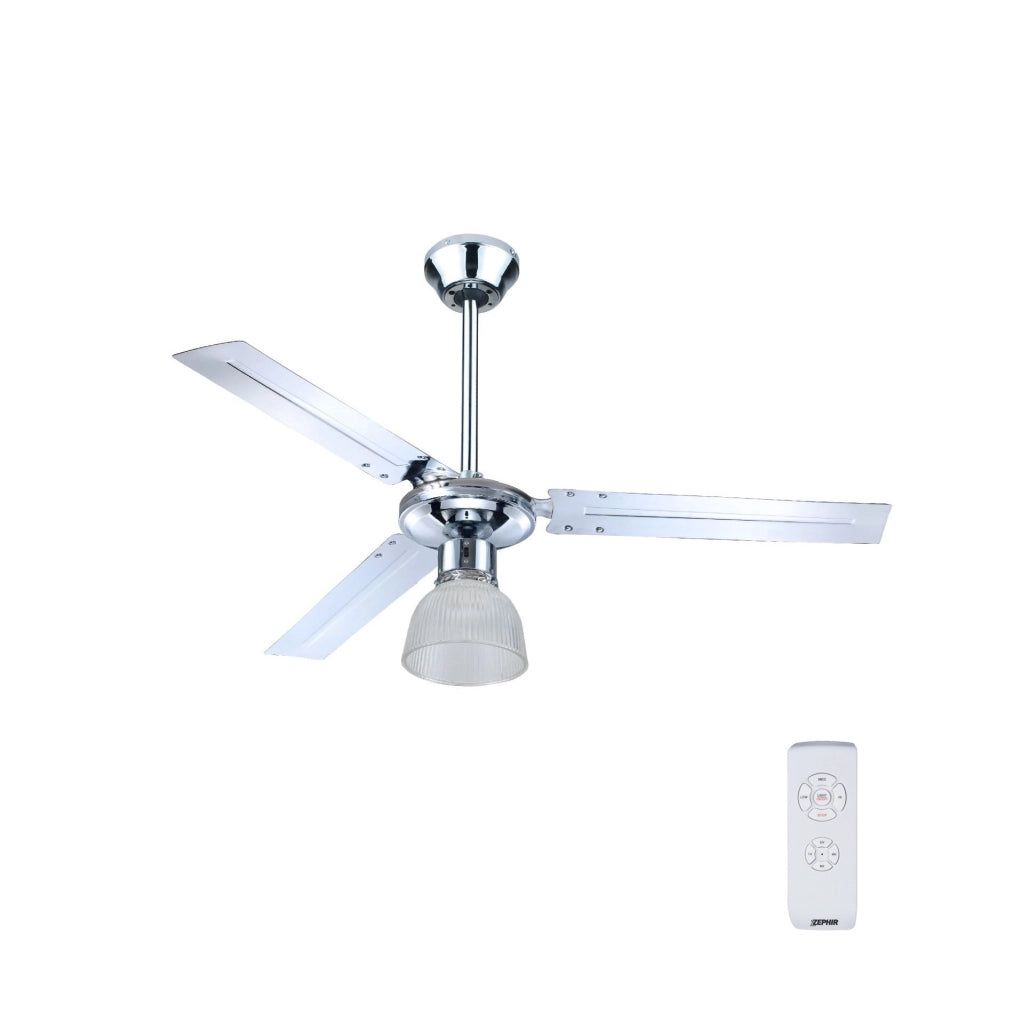 Ventilatore a Soffitto Zephir ZFR3121X 120 cm con Luce, 3 Pale in Metallo Cromato, Telecomando, 5 Velocità, Funzione Reversibilità Estate/Inverno, Timer 1/2/4/8 Ore, Lampada E27 fino 60W, Potenza 70W – Ideale per Casa, Soggiorno e Ufficio
