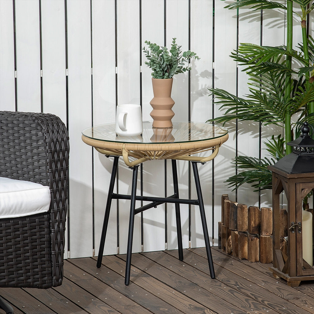 Tavolino da bistrot, tavolo rotondo da giardino, tavolino laterale in rattan, per patio, balcone, nero+beige, 50 x 50 x 50 cm