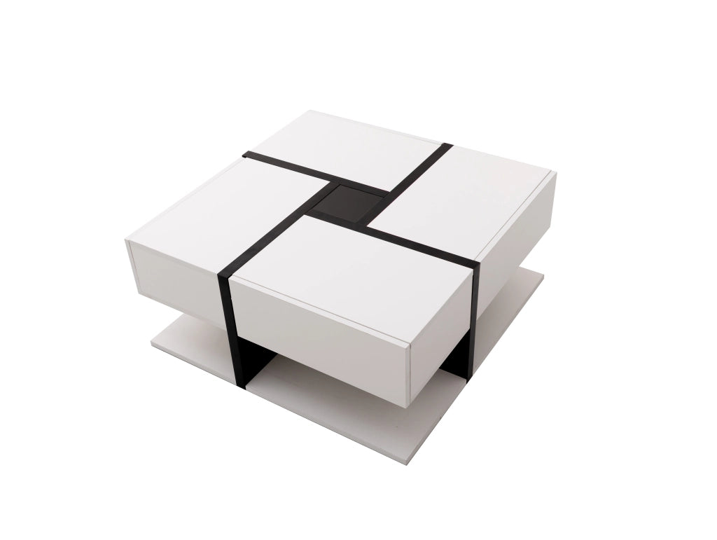 Tavolino da salotto quadrato 4 cassetti con ripiano aperto, finitura lucida, per soggiorno, in truciolare, bianco, 78 × 78 × 36 cm