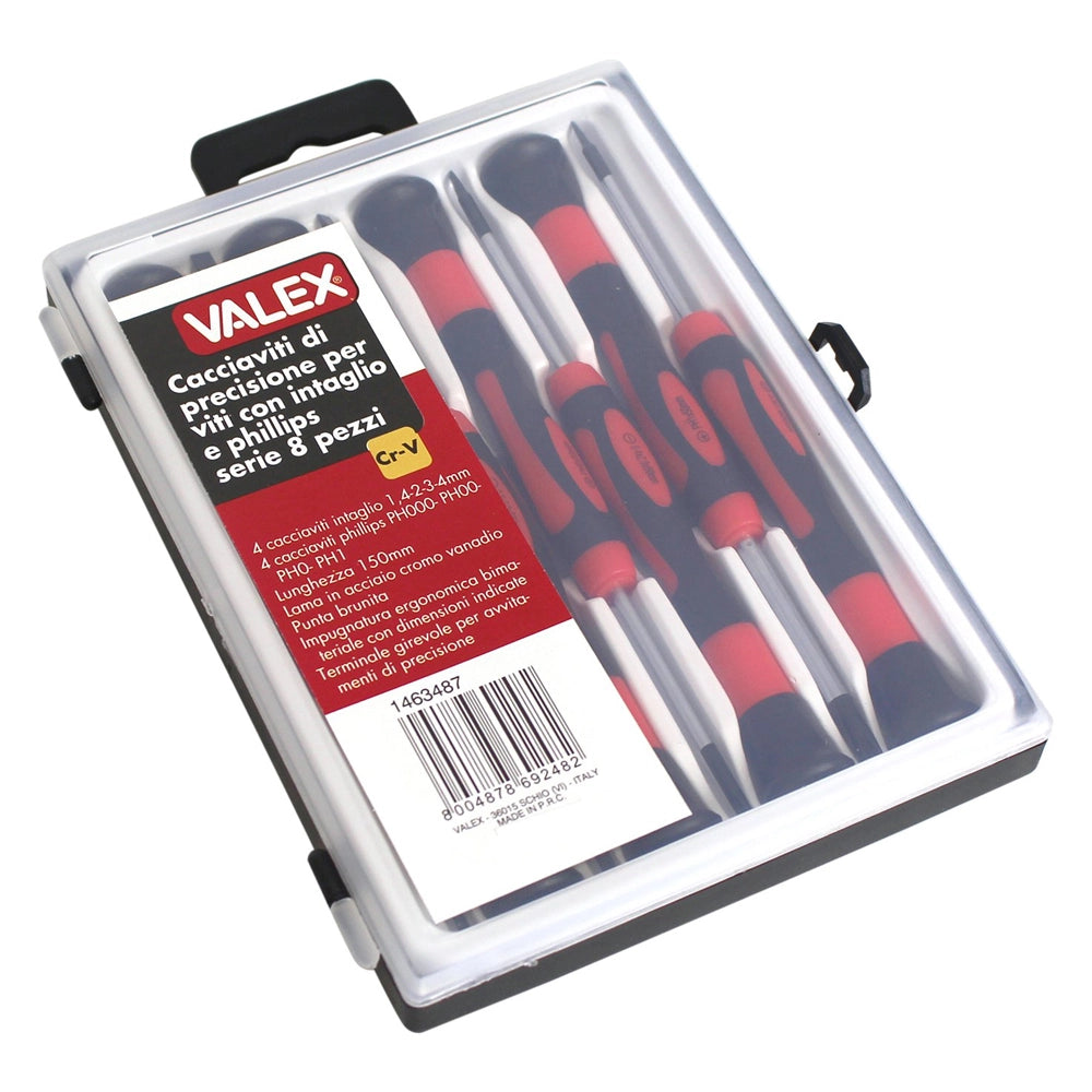 SET CACCIAVITI 8pz TAGLIO E CROCE FL+PH GIRAVITI DI PRECISIONE ACCIAIO CrV VALEX