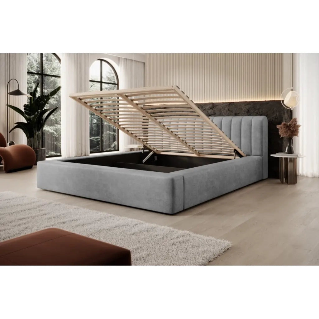 Letto contenitore CERVIN – Velluto morbido Nacre di cemento – 160x200 cm – Rete sollevabile – Design contemporaneo