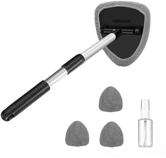 Kit di pulizia parabrezza, 4 microfili in microfibra lavabili, strumento di pulizia parabrezza, maniglia in alluminio retrattile, set di spazzole per interno auto (grigio)