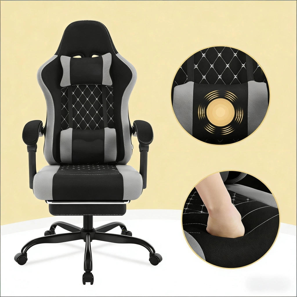 Sedia da Ufficio Gaming Ergonomica con Massaggio Lombare, Poggiapiedi, Schienale Reclinabile, in Tessuto Mesh Nero e Grigio 70 × 70 × 127 cm