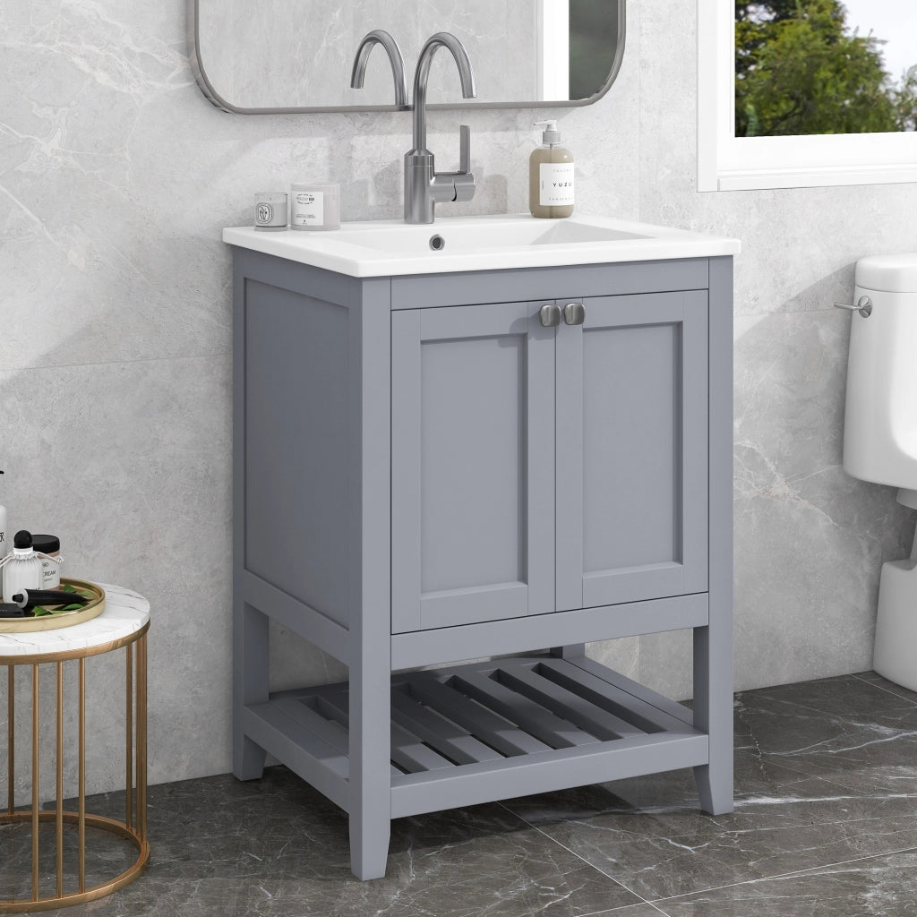 LAVABO CON MOBILE 60 cm Grigio e Bianco in Legno Massello e MDF