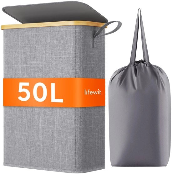 Asciugamano pieghevole da 50L con coperchio, asciugamano pieghevole con sacco di asciugatura, asciugamano in bambù con maniglia portatile per appartamento, casa di studente e caravan, grigio