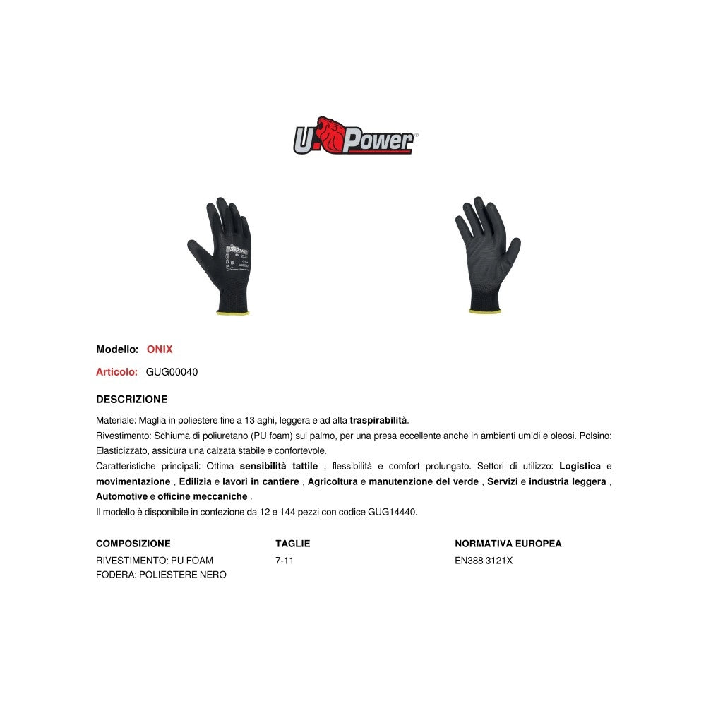U-power onix, 12 paia di guanti da lavoro, supporto poliestere nero e poliuretano, taglie disponibili  9