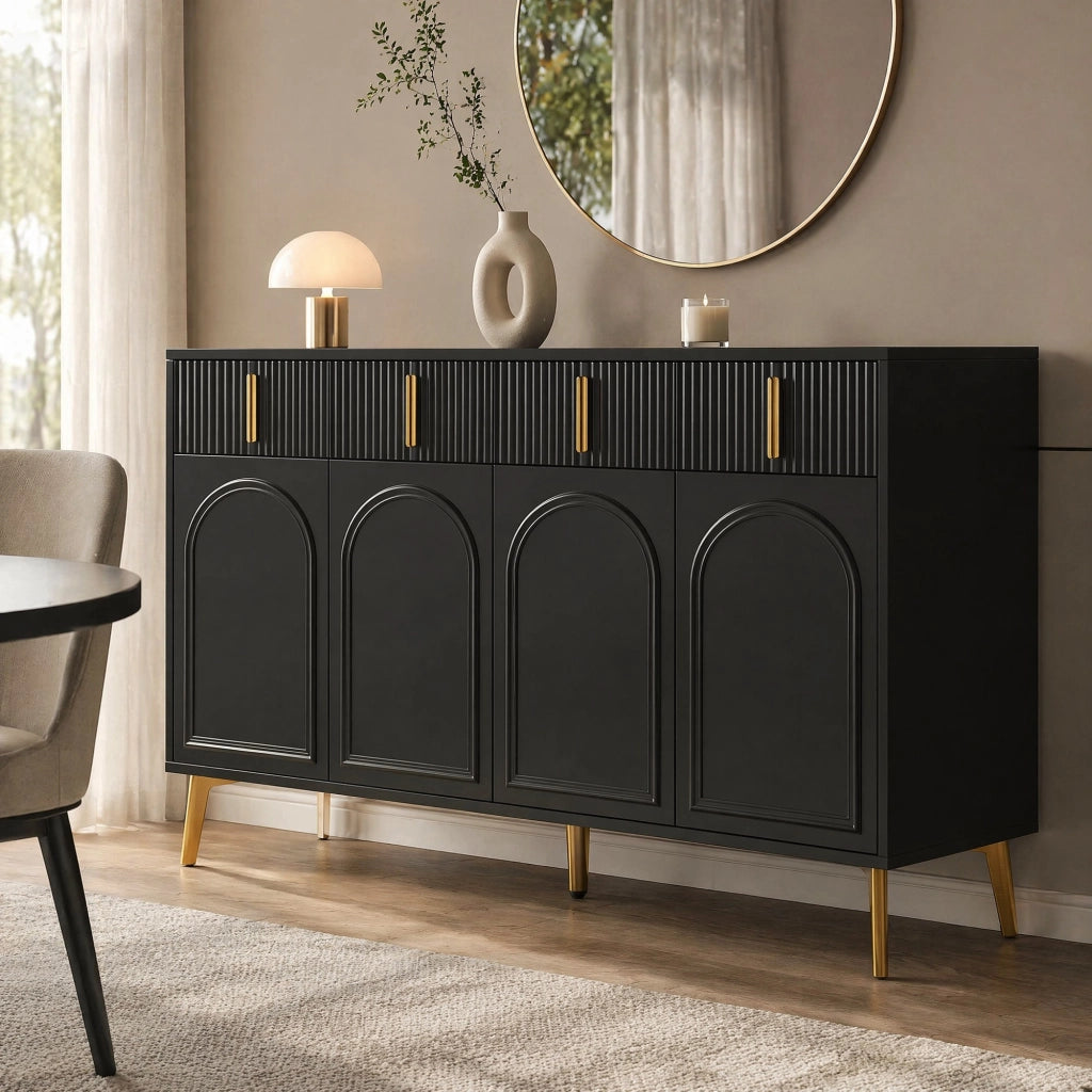 MADIA 140x38x82 cm 4 ante 4 cassetti MDF nero con dettagli oro