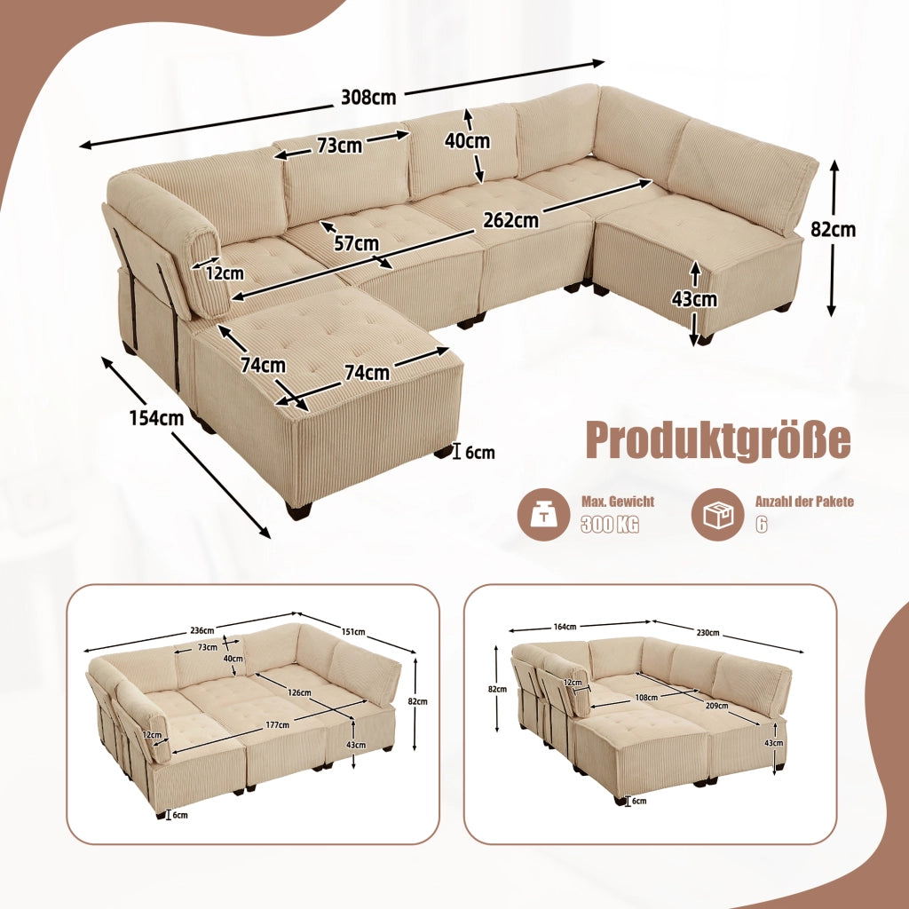 OKWISH Divano Modulare 6 Posti, Design Ergonomico con Tasche Laterali, Configurabile a U, ad Angolo o Letto, Velluto a Coste, Cachi
