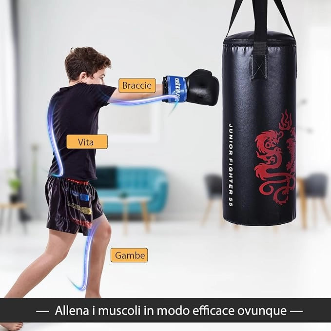 Set da Boxe con Sacco Pieno, Guanti, Catena e Corda per Saltare, Box Portatile per Bambini, Esercizio Fisico