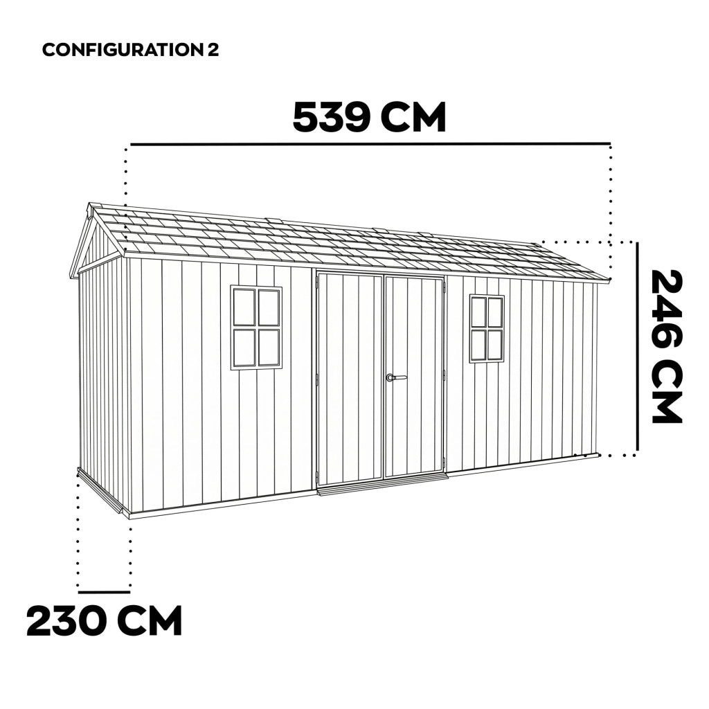 Newton + 7517/1775- Casetta da Giardino 539x246x230 cm 2 Ante per deposito attrezzi finitura effetto legno Evotech+ in Resina Marrone e Nero