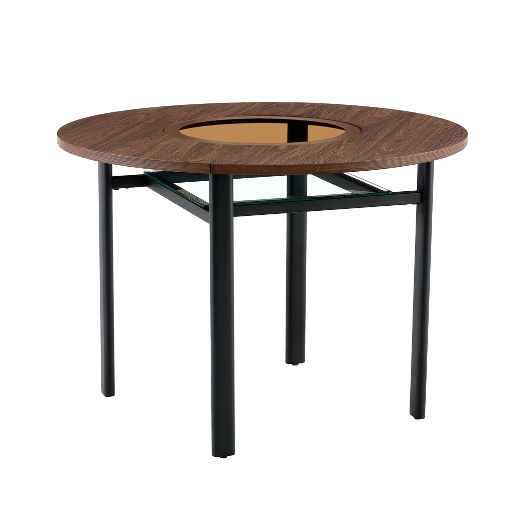 Tavolo rotondo 100 cm con piano in MDF effetto legno, inserto in vetro e struttura in metallo, 4-6 posti