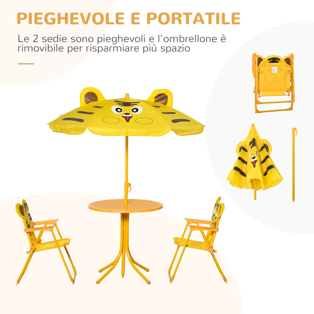 Set Giardino Bambini 4 Pezzi ¨C Xylo ¨C Tavolo Rotondo 2 Sedie Ombrellone Acciaio Tessuto Oxford Giallo
