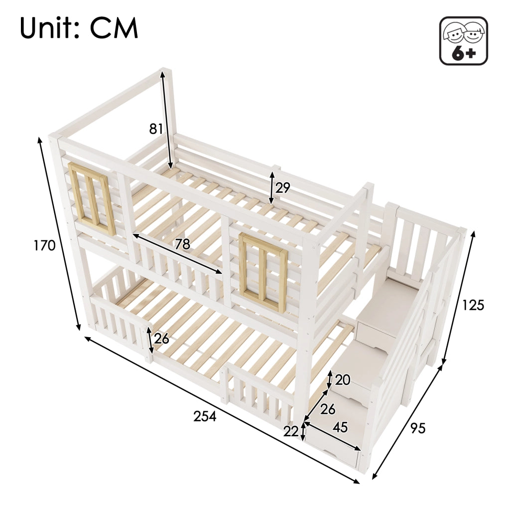 DESMIU Letto a castello per bambini 90 × 200 cm con scala-armadio, finestre in legno e senza materasso