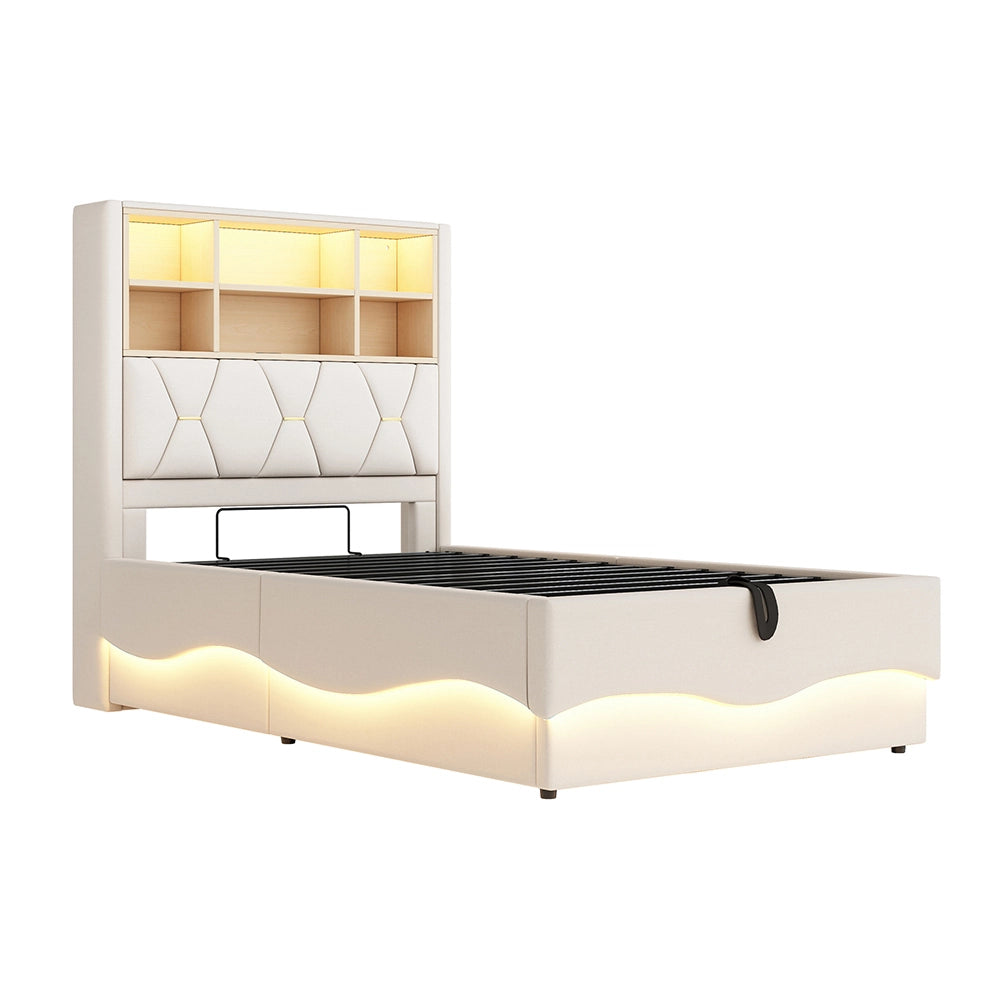 Letto bambino-Xylo-90x200 cm-LED app, USB, metallo, lino beige