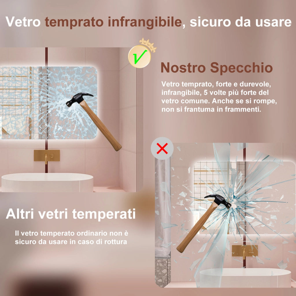 AICA Specchio da bagno 100 x 70 cm, dimmerabile, interruttore touch, Funzione Memoria