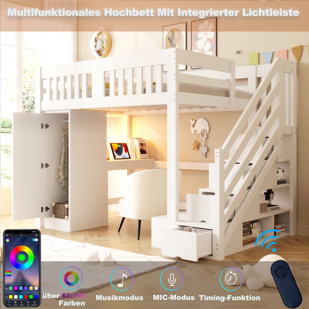 DESMIU Letto a soppalco 140 × 200 cm 2 posti con scala, scrivania, armadio, LED e panca contenitore, senza materasso