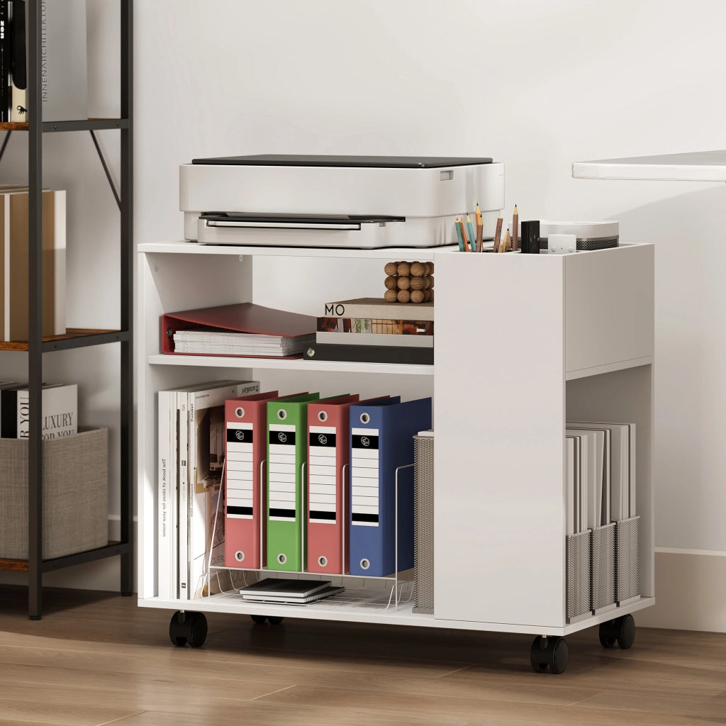 Tavolino da Salotto 70x36x60 cm con Ruote Vani Aperti Ripiano e Scomparto Superficie in Melamina Bianco