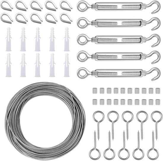 Kit di apertura di cancello per giardino - Hek Leuning - Guscio PVC - Stagno pesante in acciaio inossidabile - 30m - Viti a dado - Viti a occhiello - Chiave inglese per viti a spalla - Griglia di apertura