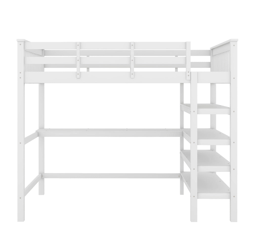 Letto a soppalco 140x200 con scrivania e scaffali, bianco