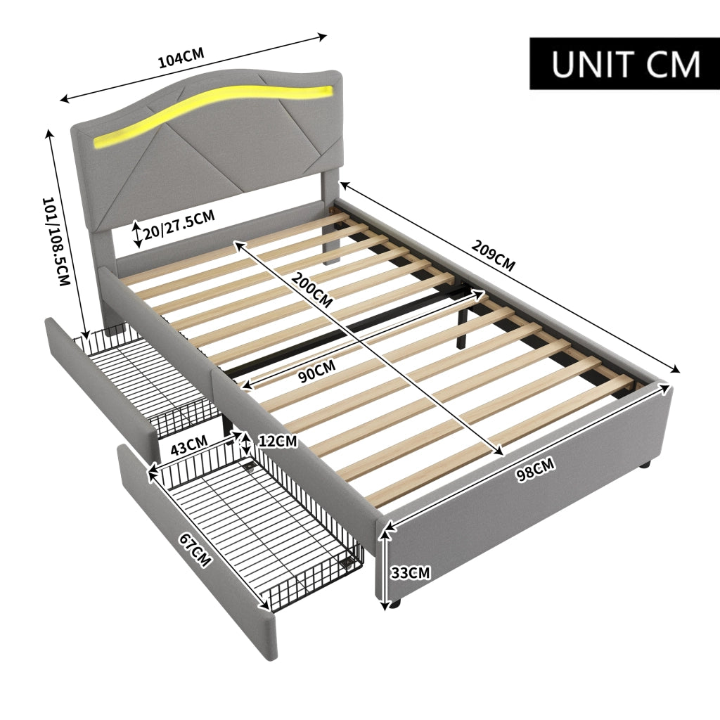 Letto contenitore 90×200 cm; letto singolo con 2 cassetti; LED regolabile; testiera regolabile; senza materasso; in lino e MDF; grigio