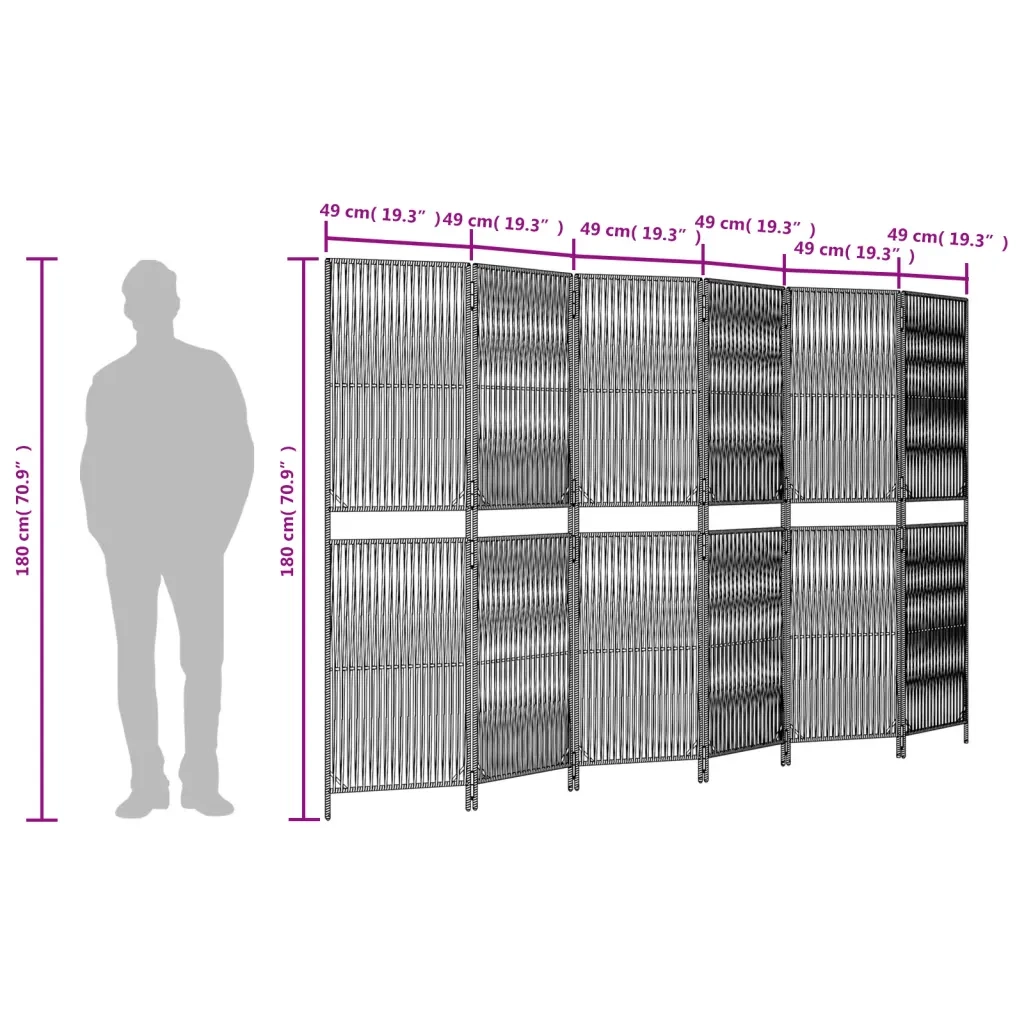 Divisorio per Ambienti | Divider per stanze | Paravento a 6 Pannelli Grigio in Polyrattan