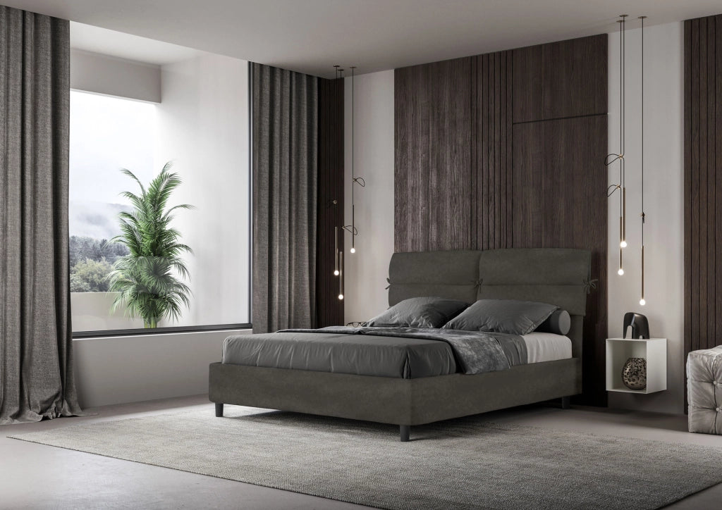 BS COM Letto matrimoniale con rete imbottito 160x210 microfibra grigio