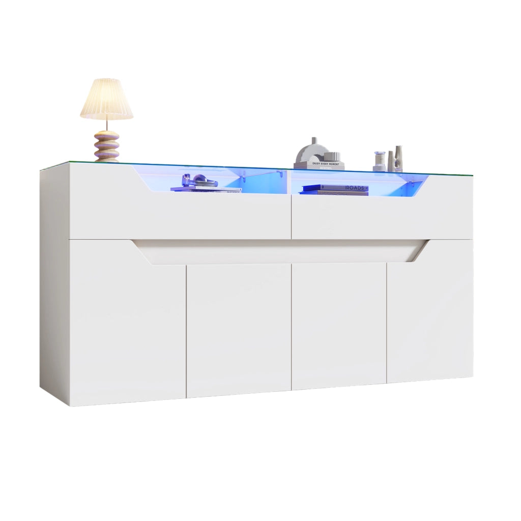 Madia con 2 cassetti e piano in vetro temperato con LED per soggiorno e ingresso; in MDF; bianco; 140×40×70 cm