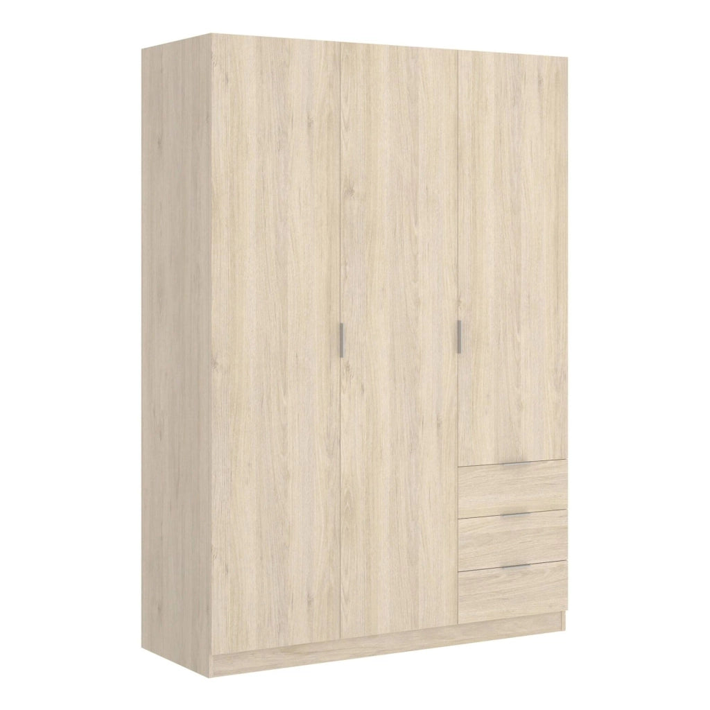 Guardaroba Astru, Mobile appendiabiti per camera da letto, Armadio a 3 ante battenti e 3 cassetti, 121x52h184 cm, Rovere